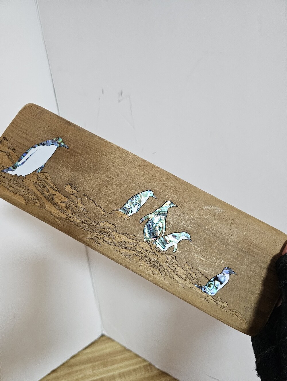 OceanShell Studios NZ Recycled Wood Penguin Wall Art Paua Abalone Shell Inlay